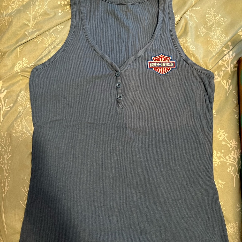 Harley-Davidson Blue Ribbed Henley Tank with Orange Logo Patch